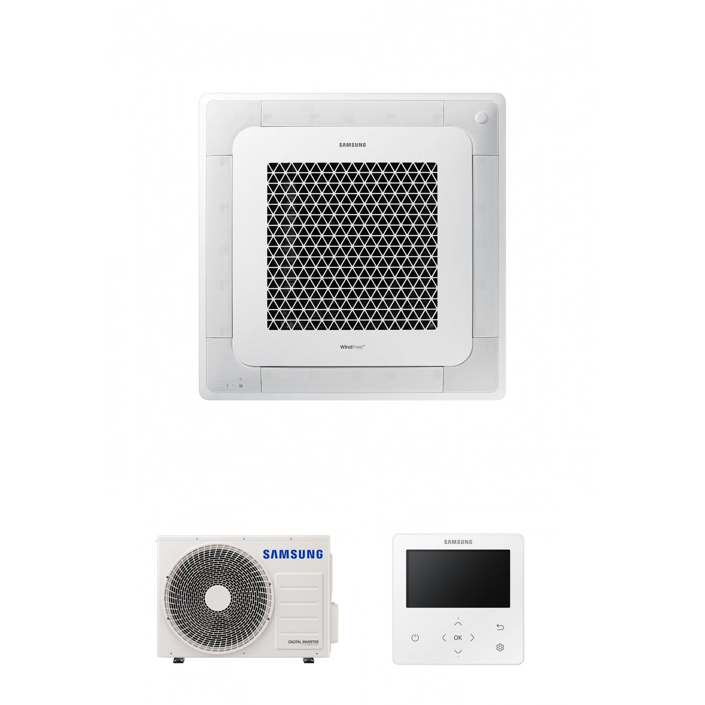 Samsung CAC 5.2kW 4 Way cassette high efficiency WindFree unit with 4 way fascia panel and colour premium wired controller