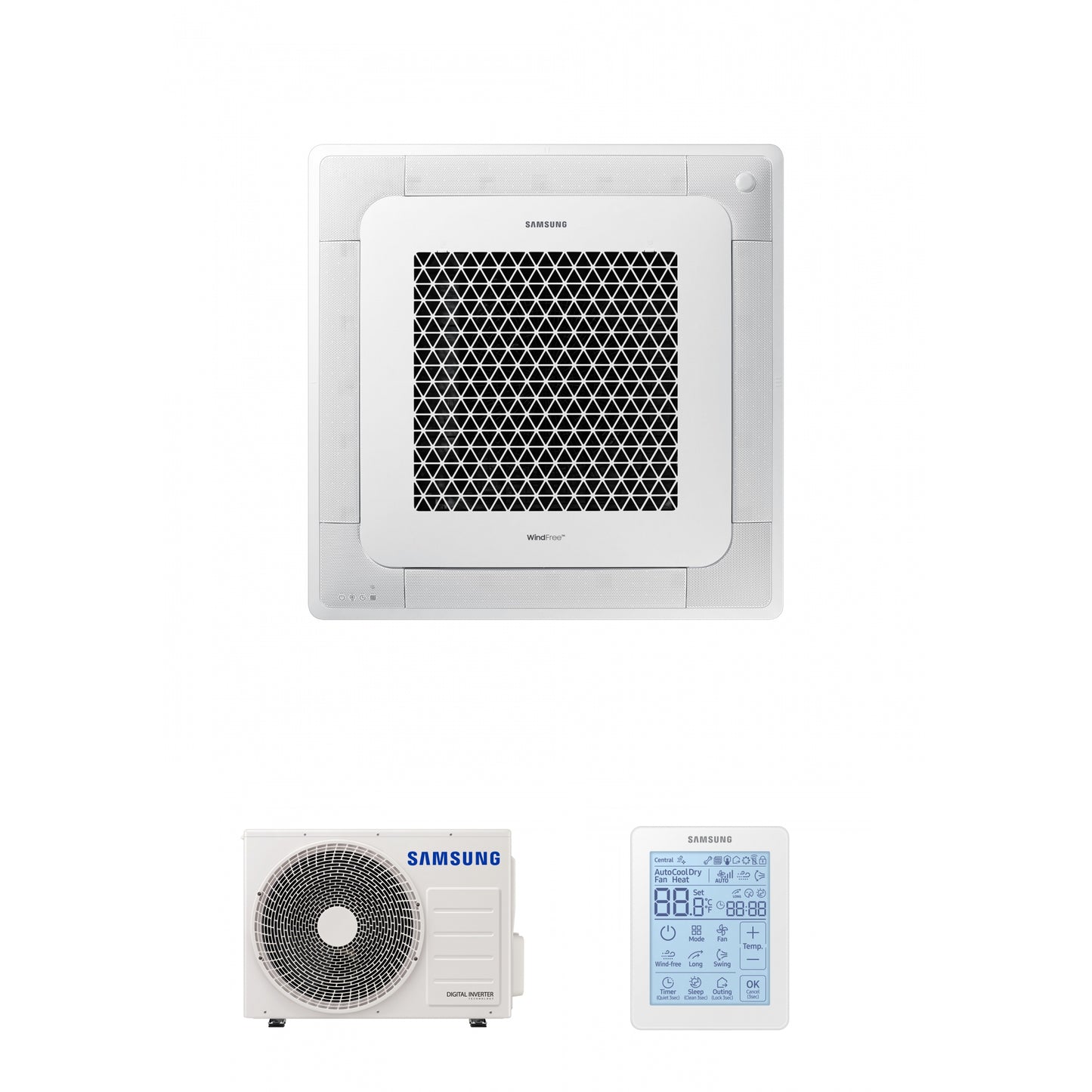 Samsung CAC 5.2kW 4 Way cassette high efficiency WindFree unit with 4 way fascia panel and simplified wired controller