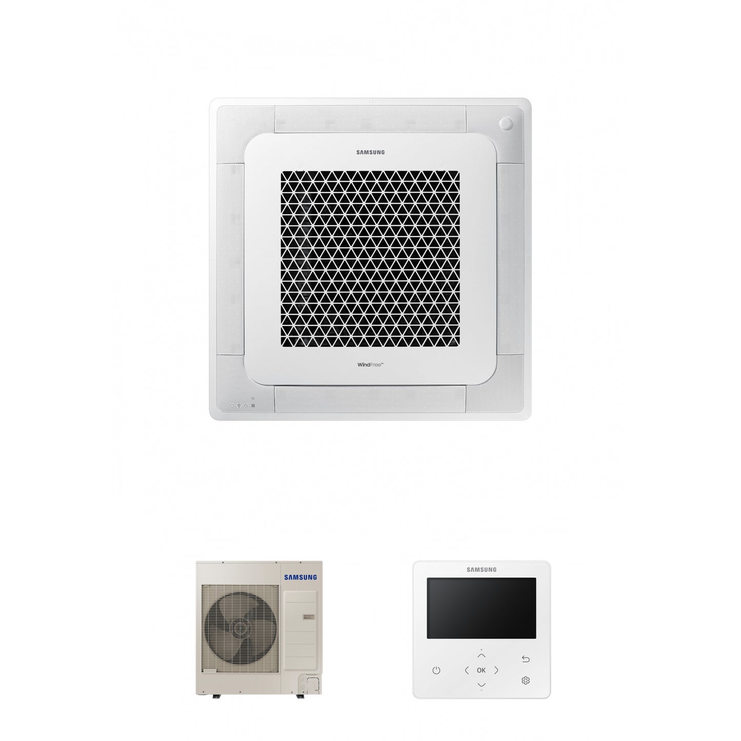 Samsung CAC 10kW 3ph 4 Way cassette high efficiency WindFree with 4 way fascia panel and colour premium wired controller
