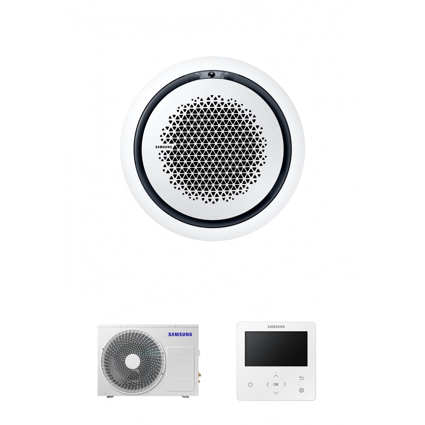 Samsung CAC 12kW 360 Cassette with white circular fascia panel and colour premium wired controller