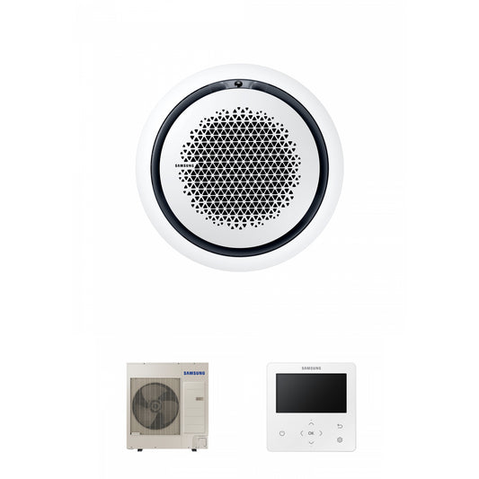 Samsung CAC 10kW 360 1ph Cassette high efficiency with white circular fascia panel and colour premium wired controller