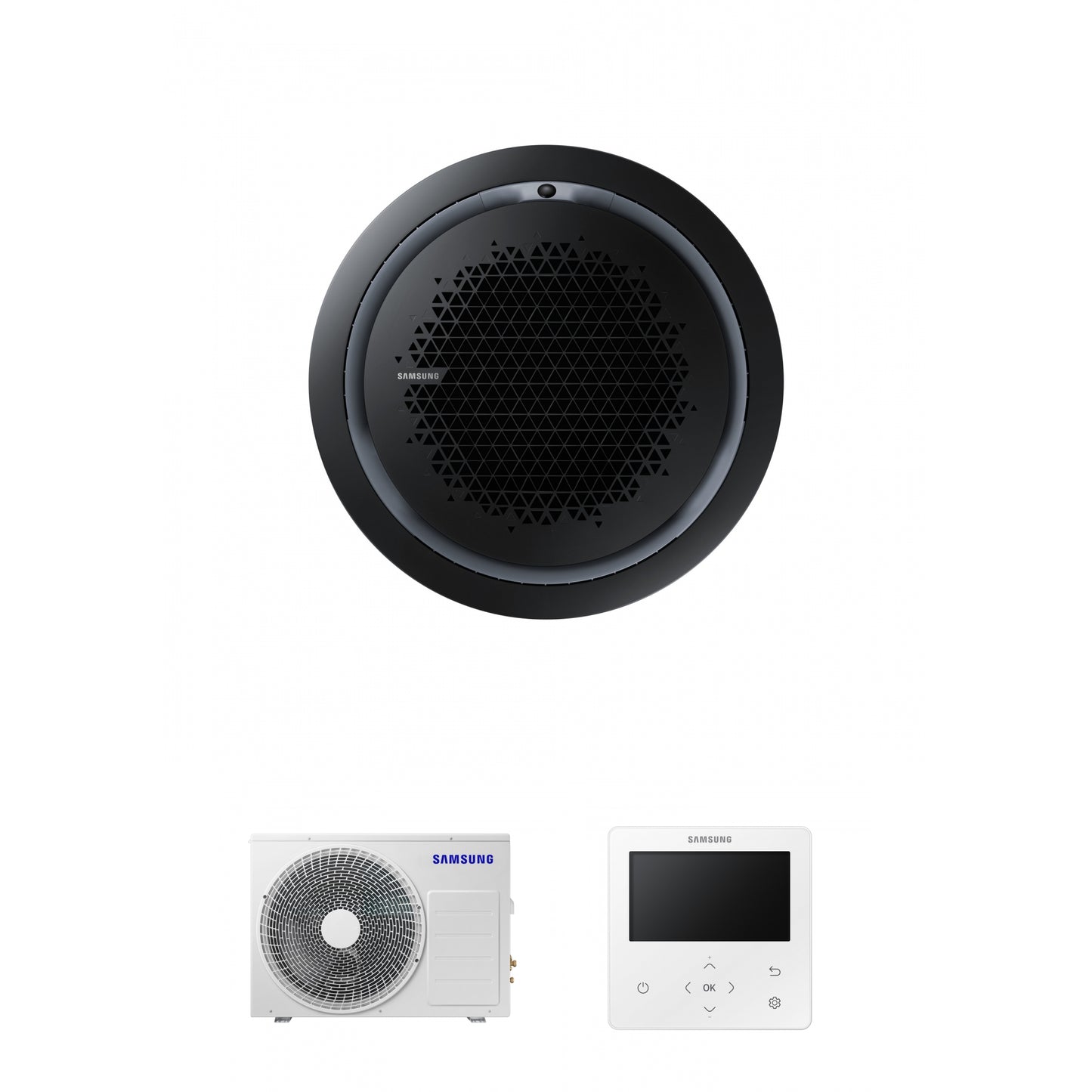 Samsung CAC 14kW 360 Cassette with black circular fascia panel and colour premium wired controller