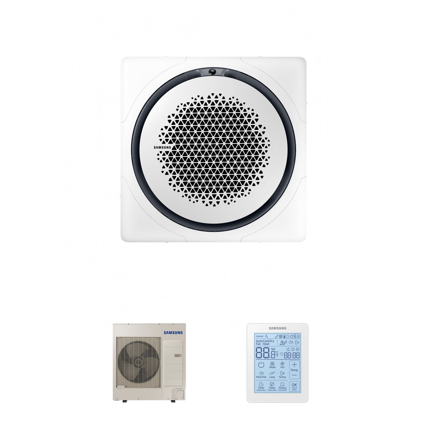 Samsung CAC 10kW 360 1ph Cassette high efficiency with white square fascia panel and simplified wired controller