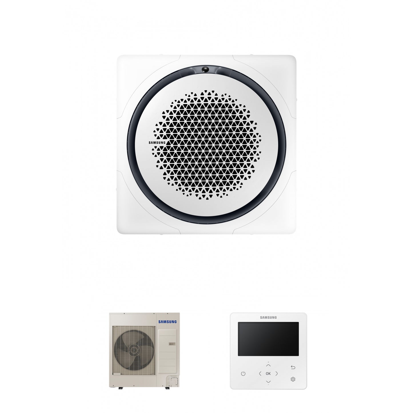 Samsung CAC 10kW 360 1ph Cassette with white square fascia panel and colour premium wired controller