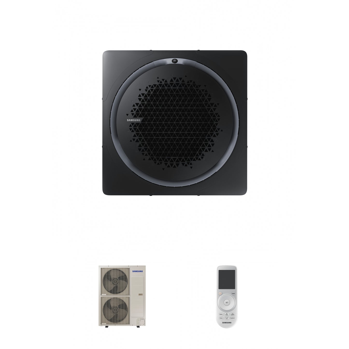 Samsung CAC 14kW 360 Cassette with black square fascia pane and wireless controller