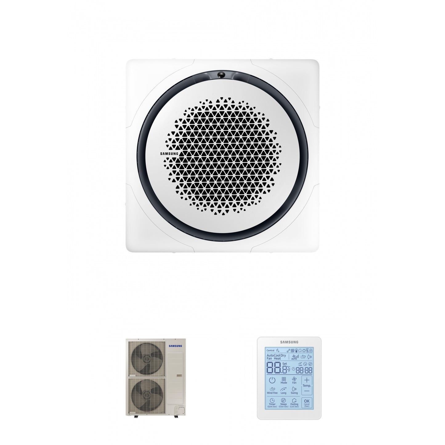 Samsung CAC 14kW 360 Cassette with white square fascia panel and simplified wired controller