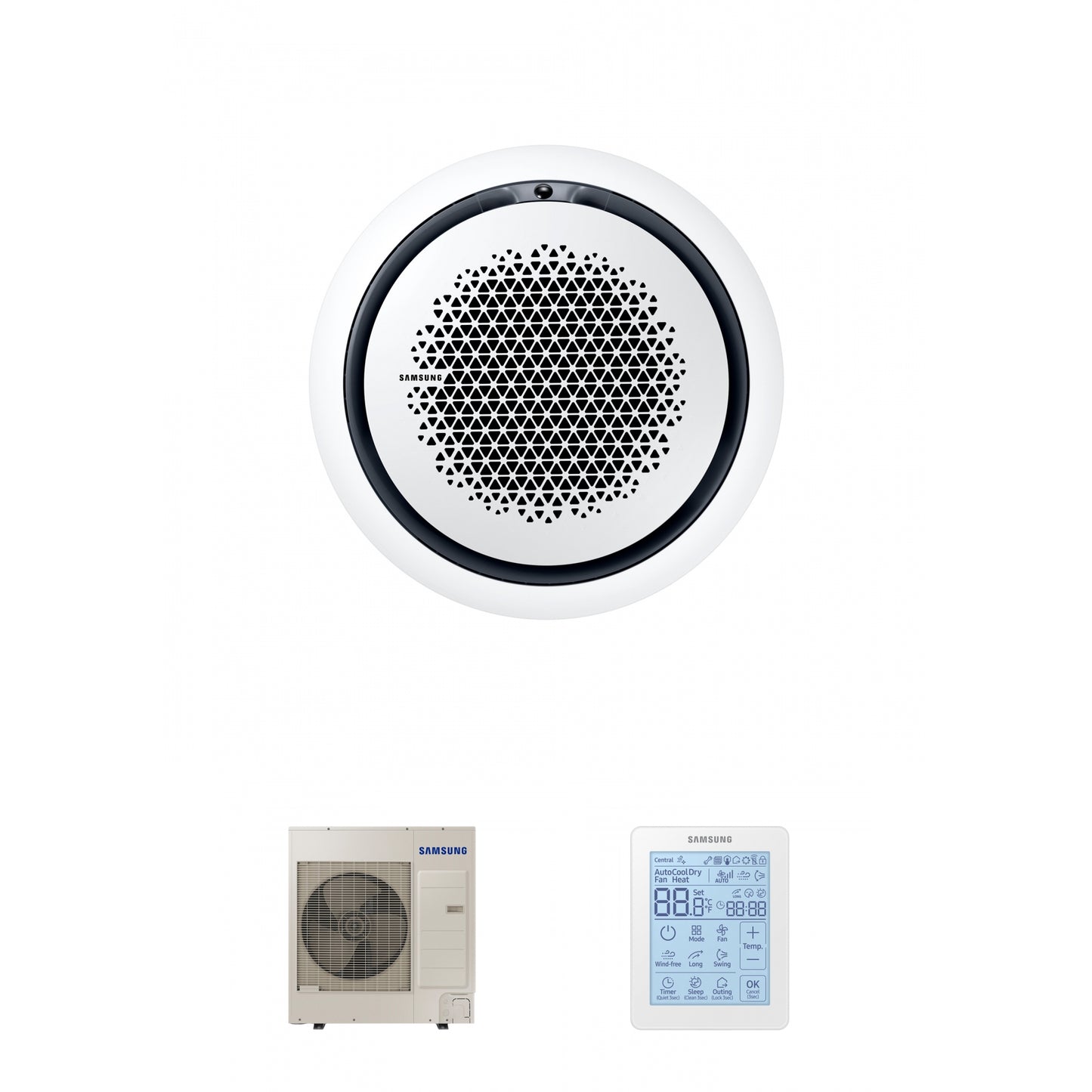 Samsung CAC 10kW 360 1ph Cassette with white circular fascia panel and simplified wired controller