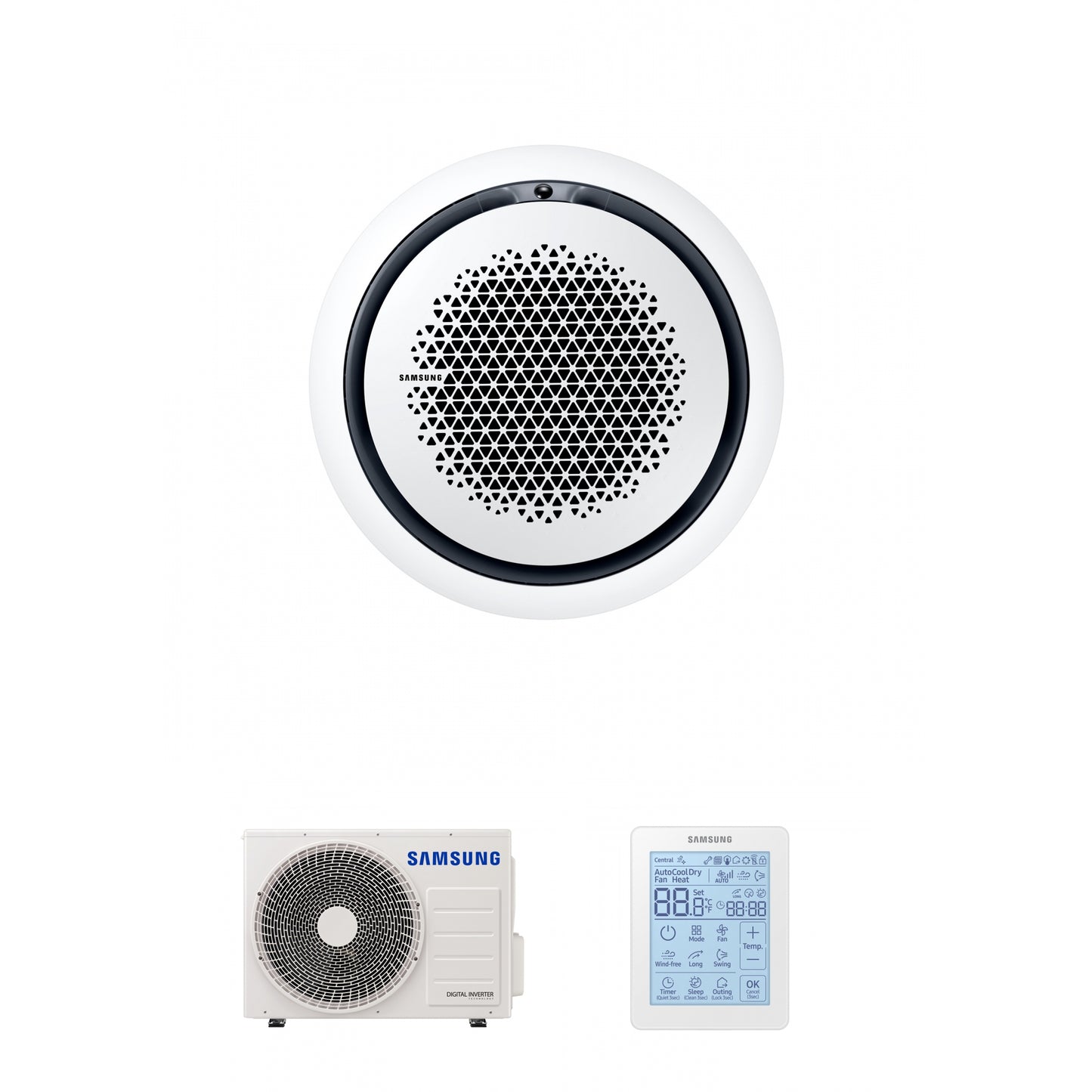 Samsung CAC 5.2kW 360 Cassette high efficiency with white circular fascia panel and simplified wired controller